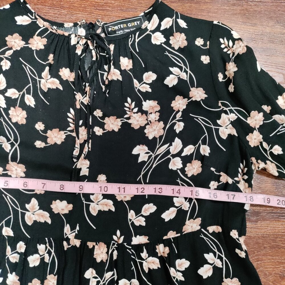 Porter Grey Long Sleeve Pleated Floral Whimsy Prairie Midi Sundress Black/Pink M - Picture 10 of 11